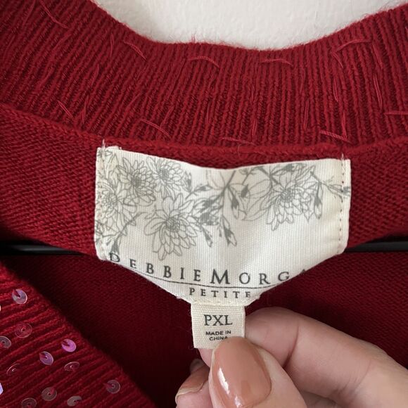 Womens Debbie Morgan Red Tight Knit Pullover Sequin V-Neck Sweater Size PXL - Picture 3 of 7